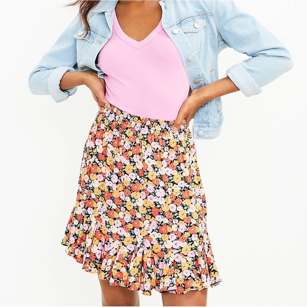 NWOT Loft Ann Taylor Bright Floral Flounce Pull On Skirt Sz L